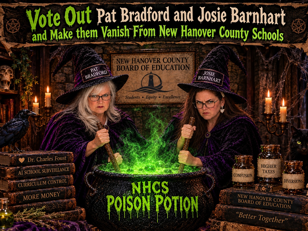 Square crop of Pat Bradford and Josie Barnhart as spooky witches beside a boiling green cauldron